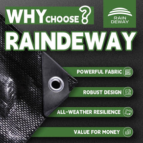 RAINDEWAY tarp with metal grommets and reinforced edges for secure securing.