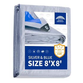 RAINDEWAY tarp waterproof 8x8 finished size protects gear from rain and dust.