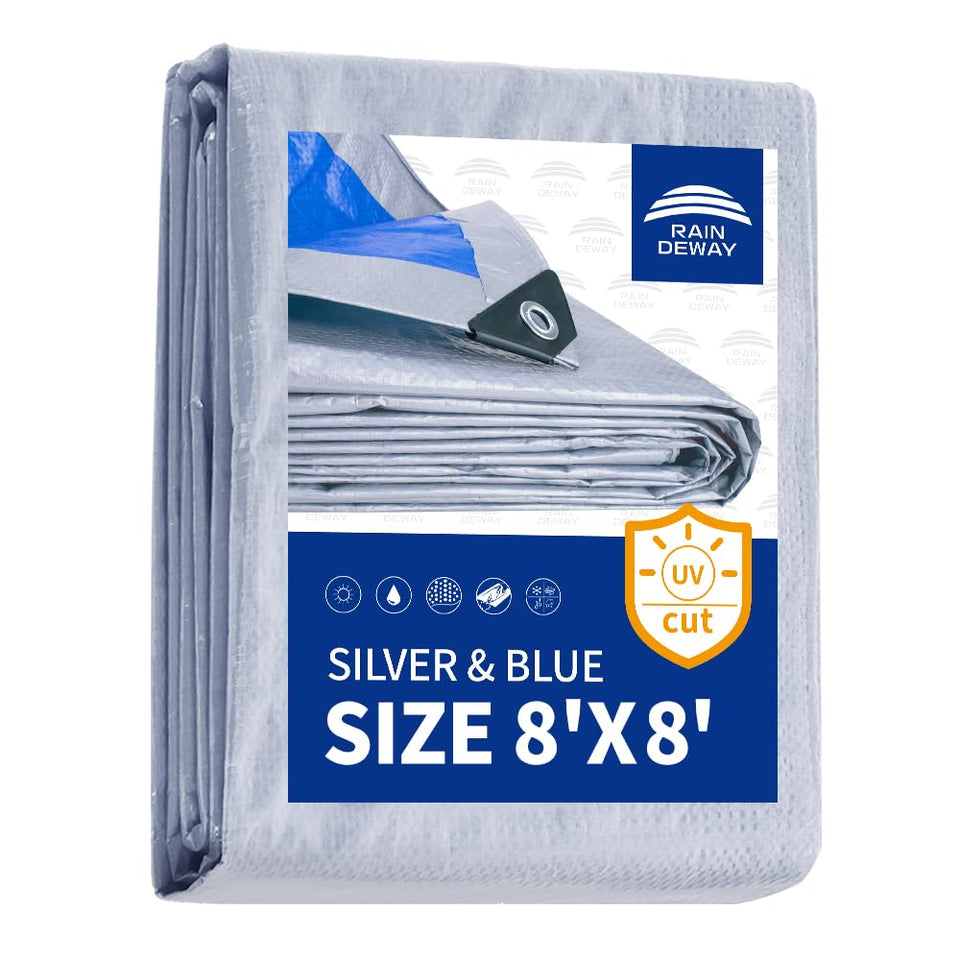 RAINDEWAY tarp waterproof 8x8 finished size protects gear from rain and dust.