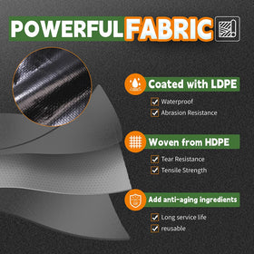 RAINDEWAY tarp with double-coated waterproof layer shields against rain and splashes.