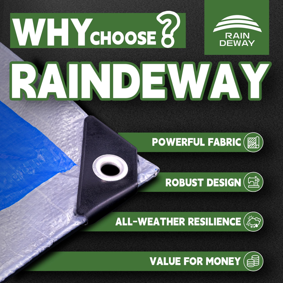 RAINDEWAY waterproof poly tarp demonstrates durable weather protection for outdoor projects.