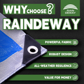 RAINDEWAY waterproof poly tarp demonstrates durable weather protection for outdoor projects.