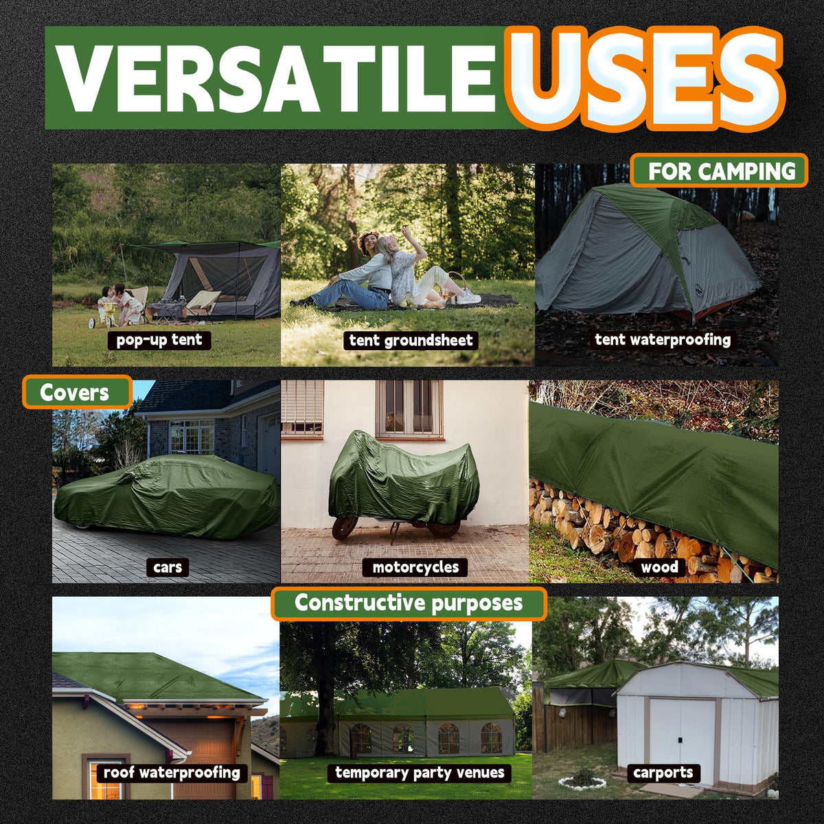 RAINDEWAY weatherproof tarp protects against rain, sun, and dust
