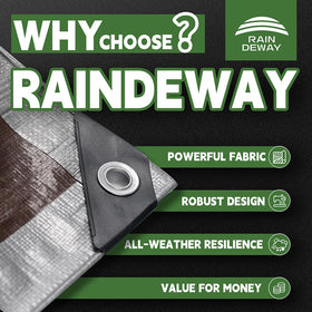 RAINDEWAY UV-resistant tarp blocks sunlight and protects gear.