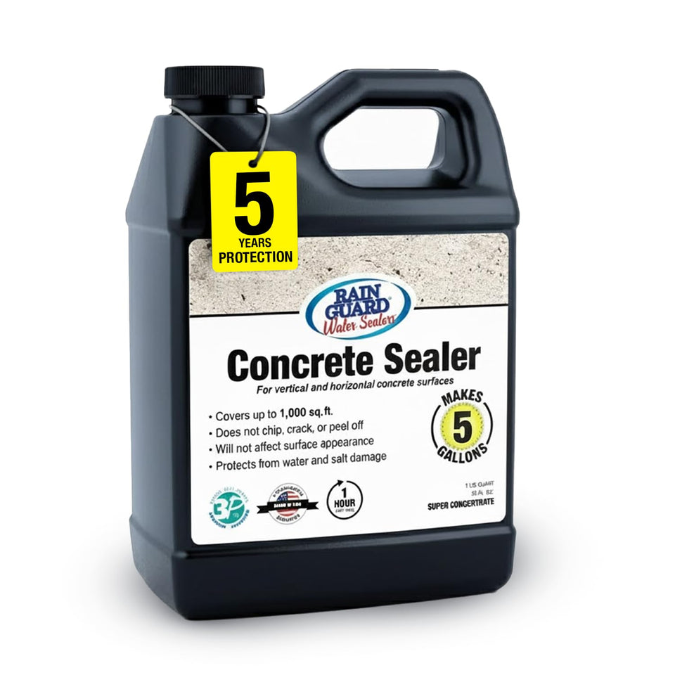 Rain Guard Concrete Sealer Concentrate bottle pouring shows easy DIY application.