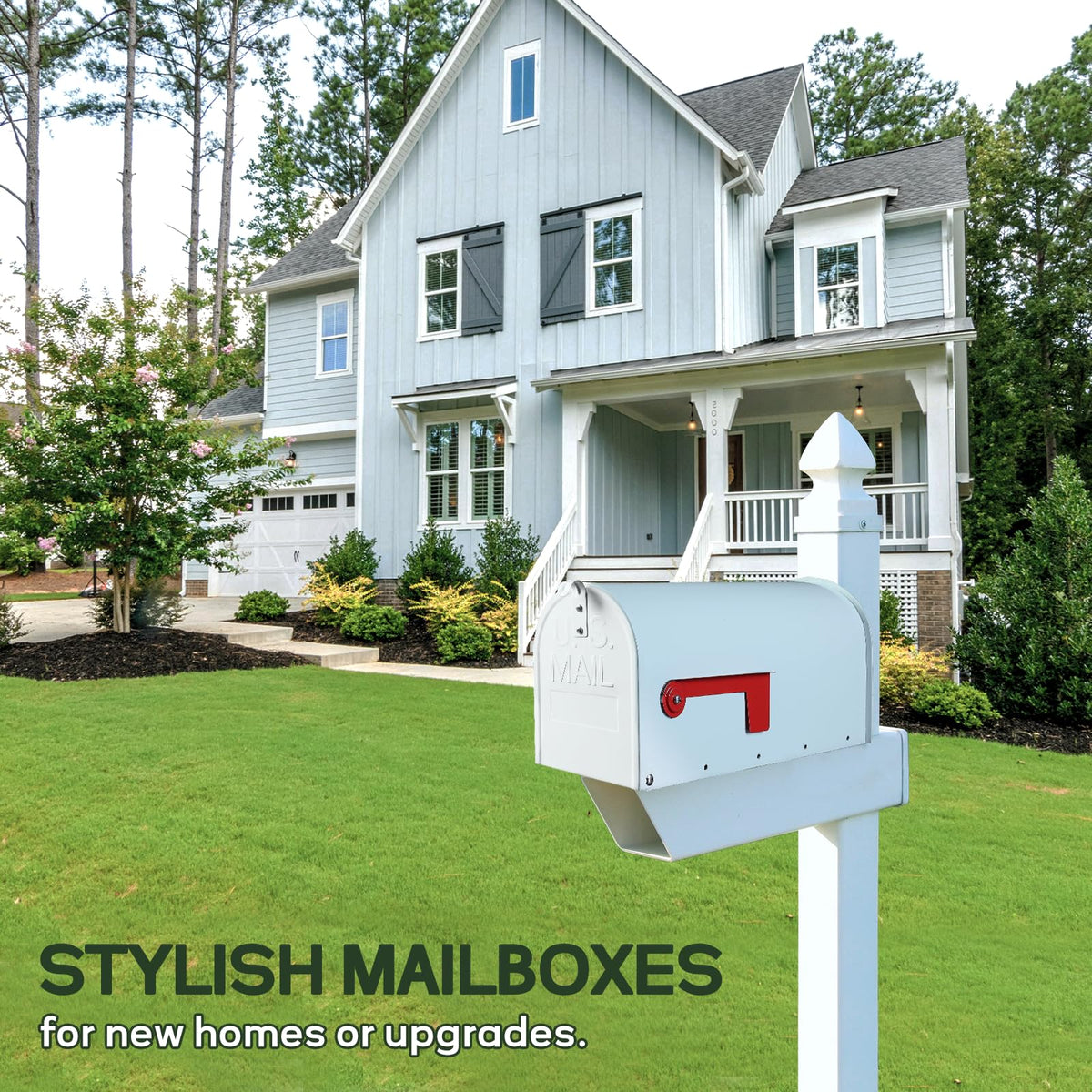 RAINHOL post-mount mailbox side view highlights easy curbside access