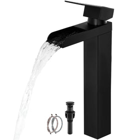 RainMAX black tall waterfall faucet pours smoothly for a modern bathroom.