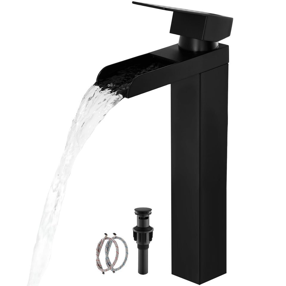 RainMAX black tall waterfall faucet pours smoothly for a modern bathroom.