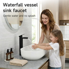 RainMAX tall waterfall faucet side view shows sleek vanity profile.