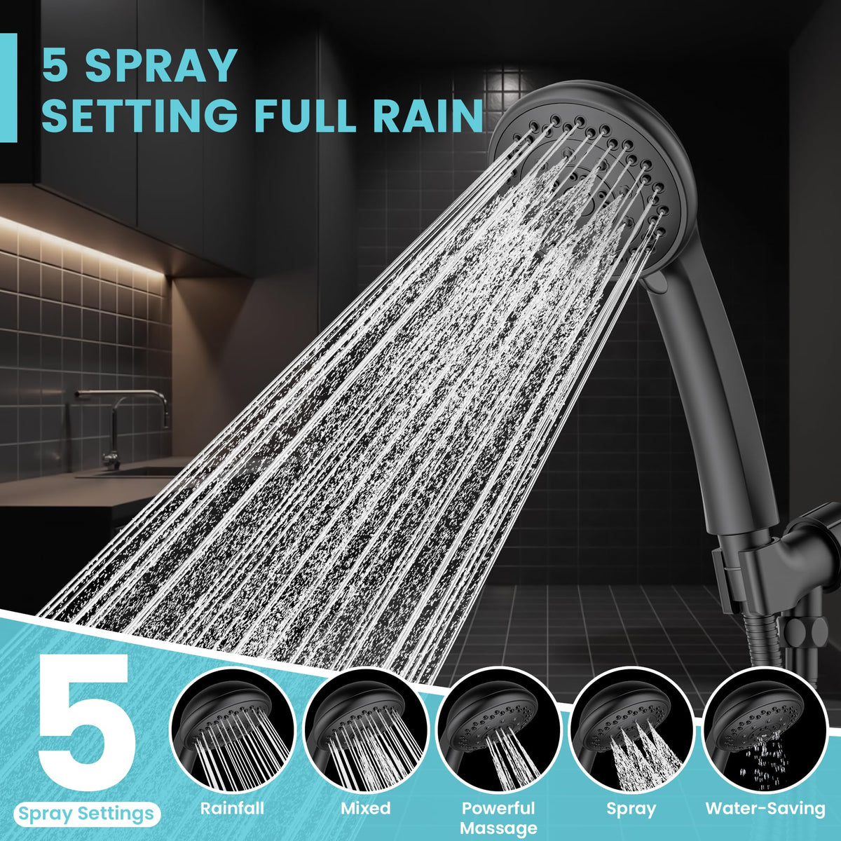 Rainparty shower head side view highlighting durable bracket and long hose for flexible mounting.