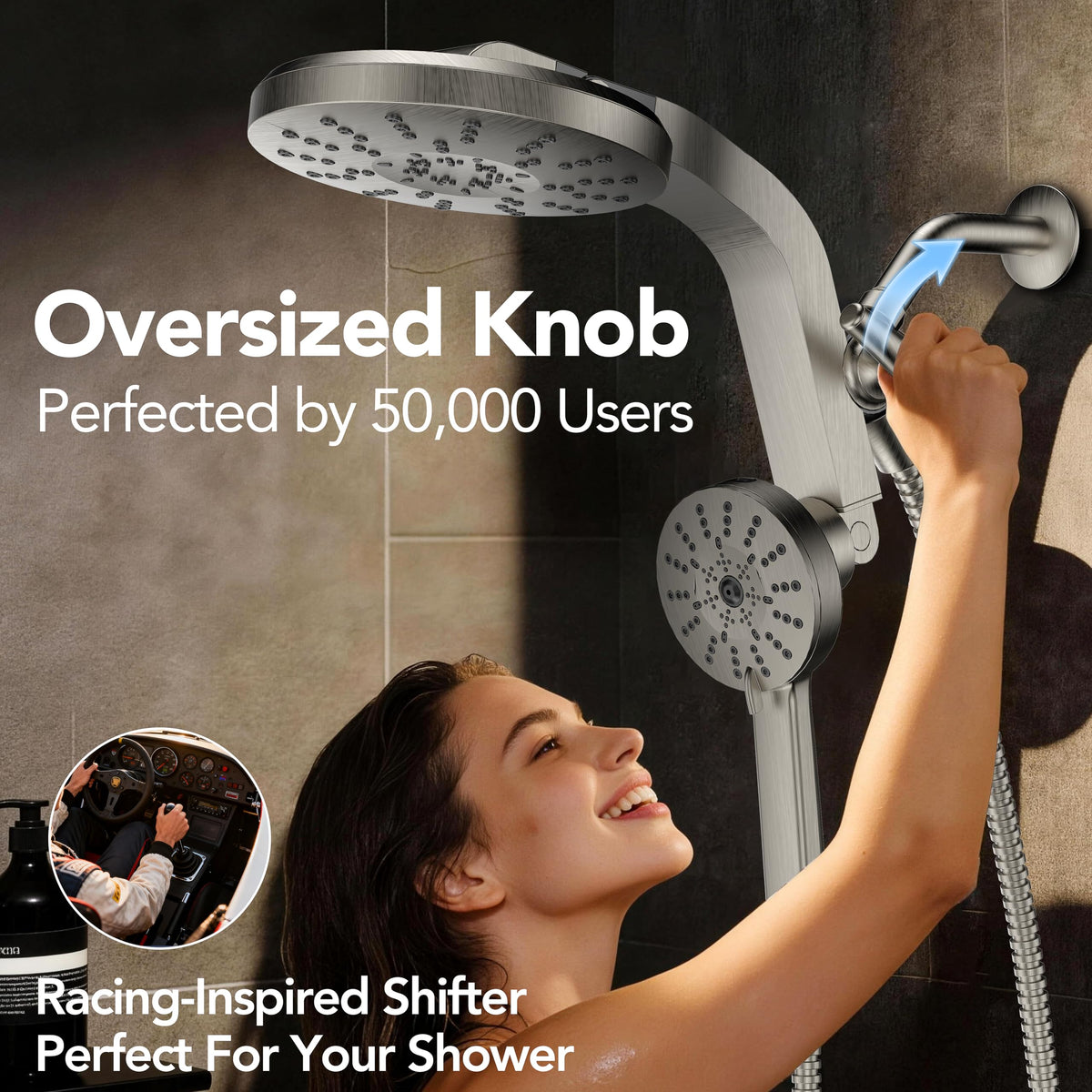 RAINVISTA 18-spray-modes lever allows tailoring rainfall to massage or jet.