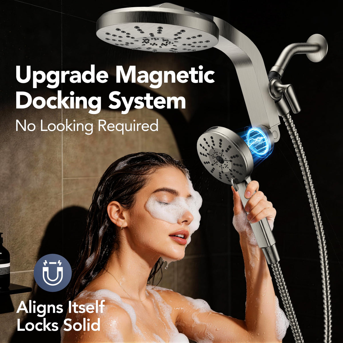 RAINVISTA 180-degree-adjustment highlights flexible positioning for hands-free rinsing.