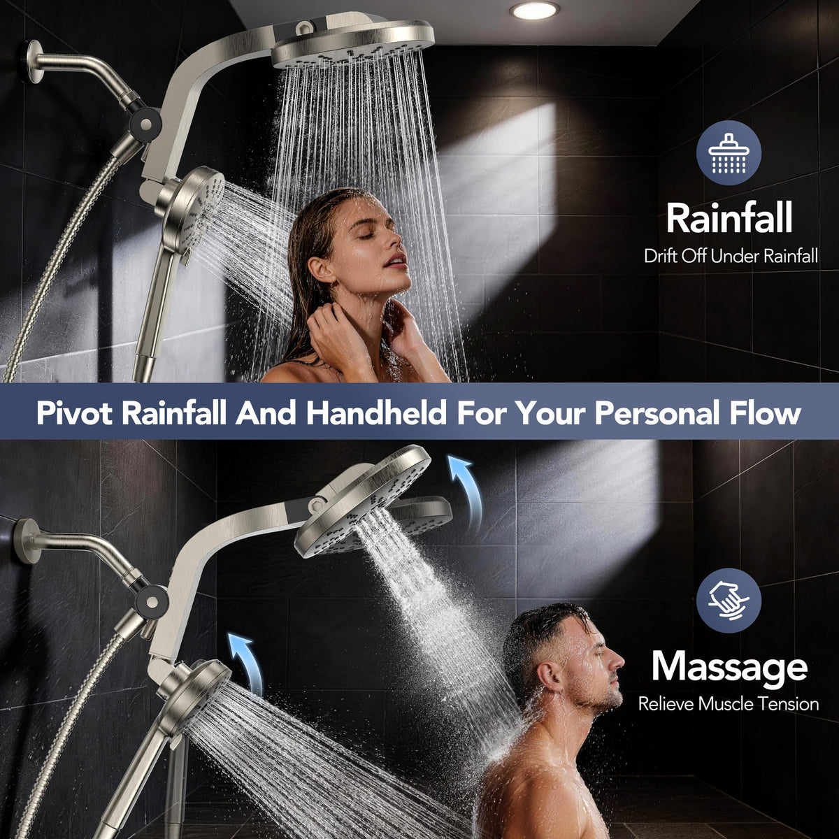 RAINVISTA magnetic docking action enables easy, one-handed docking for a secure shower.