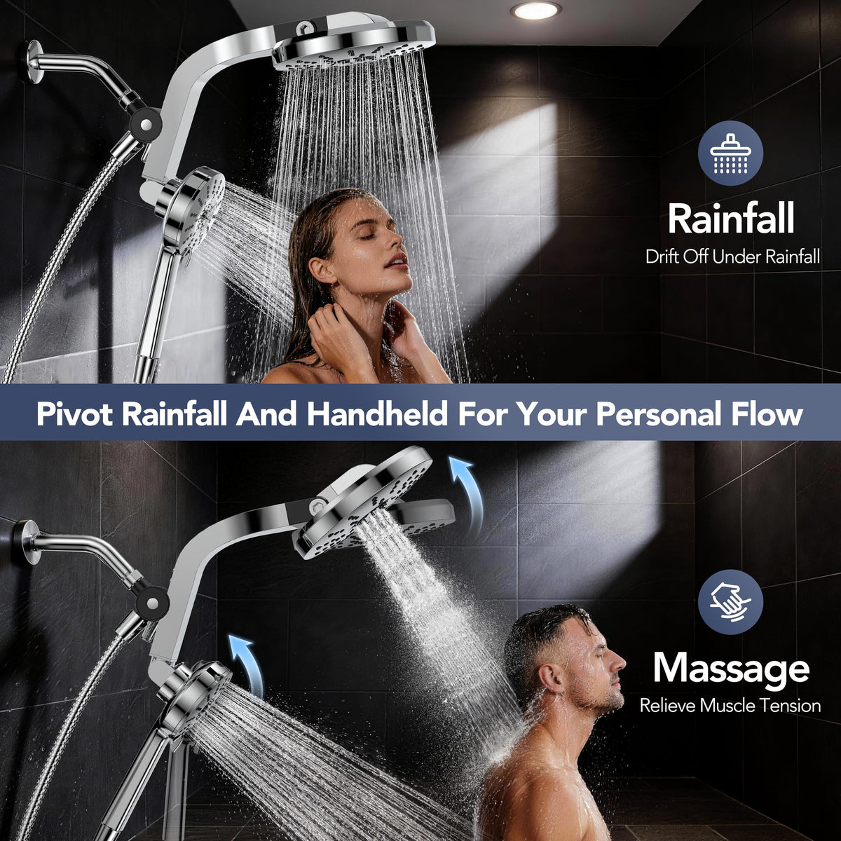 RAINVISTA magnetic docking handheld demonstrates effortless one-handed placement for easier rinsing.