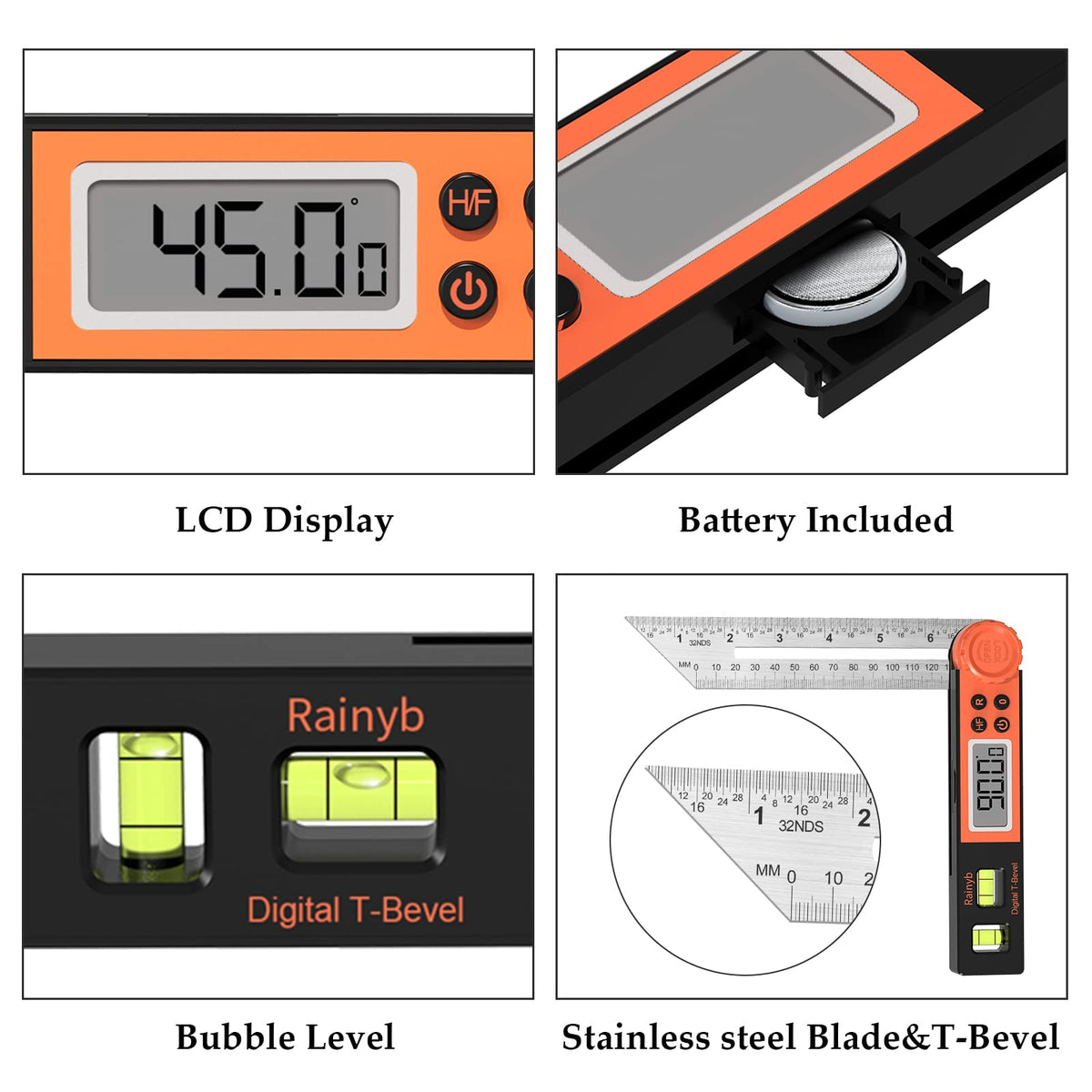Rainyb LCD readout provides large, easy-to-read angle values.