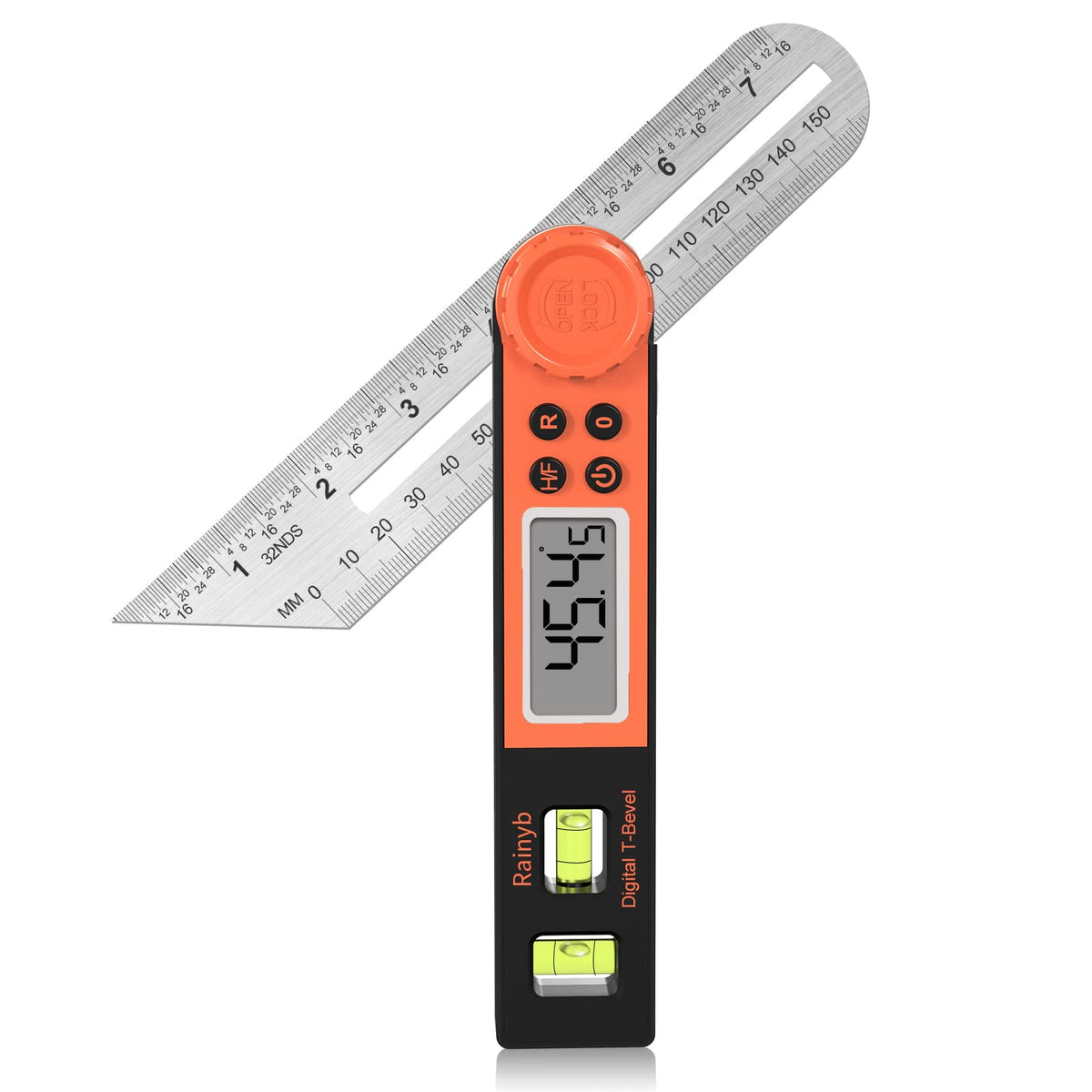 Rainyb digital angle finder display shows clear angle readings for precise cuts.