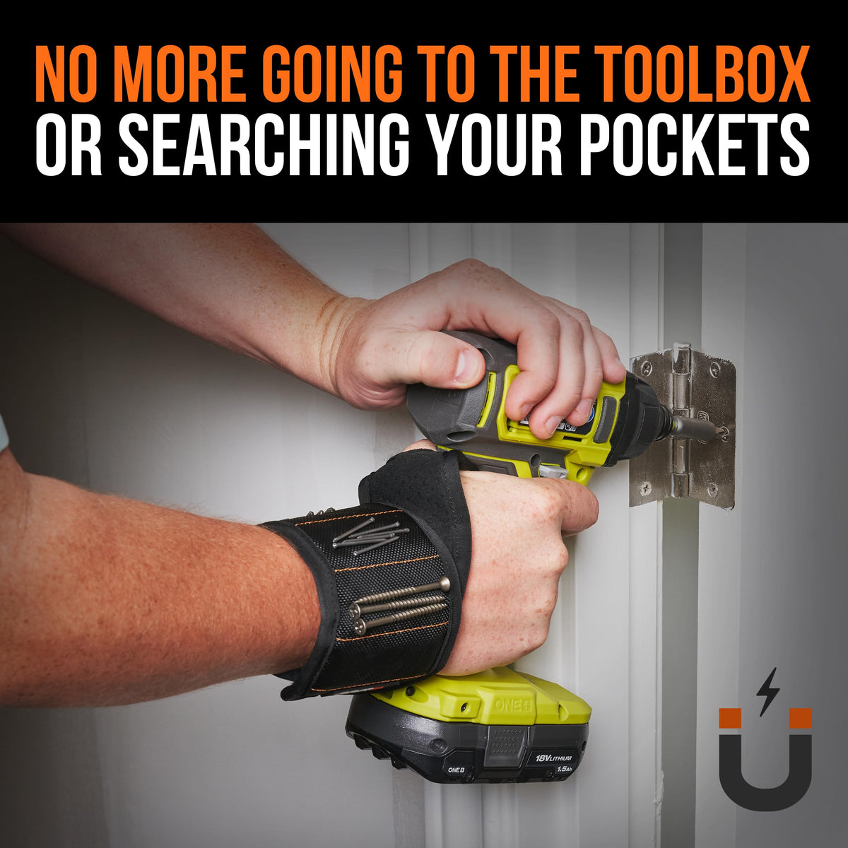 RAK wristband with magnets securely holds nails and drill bits