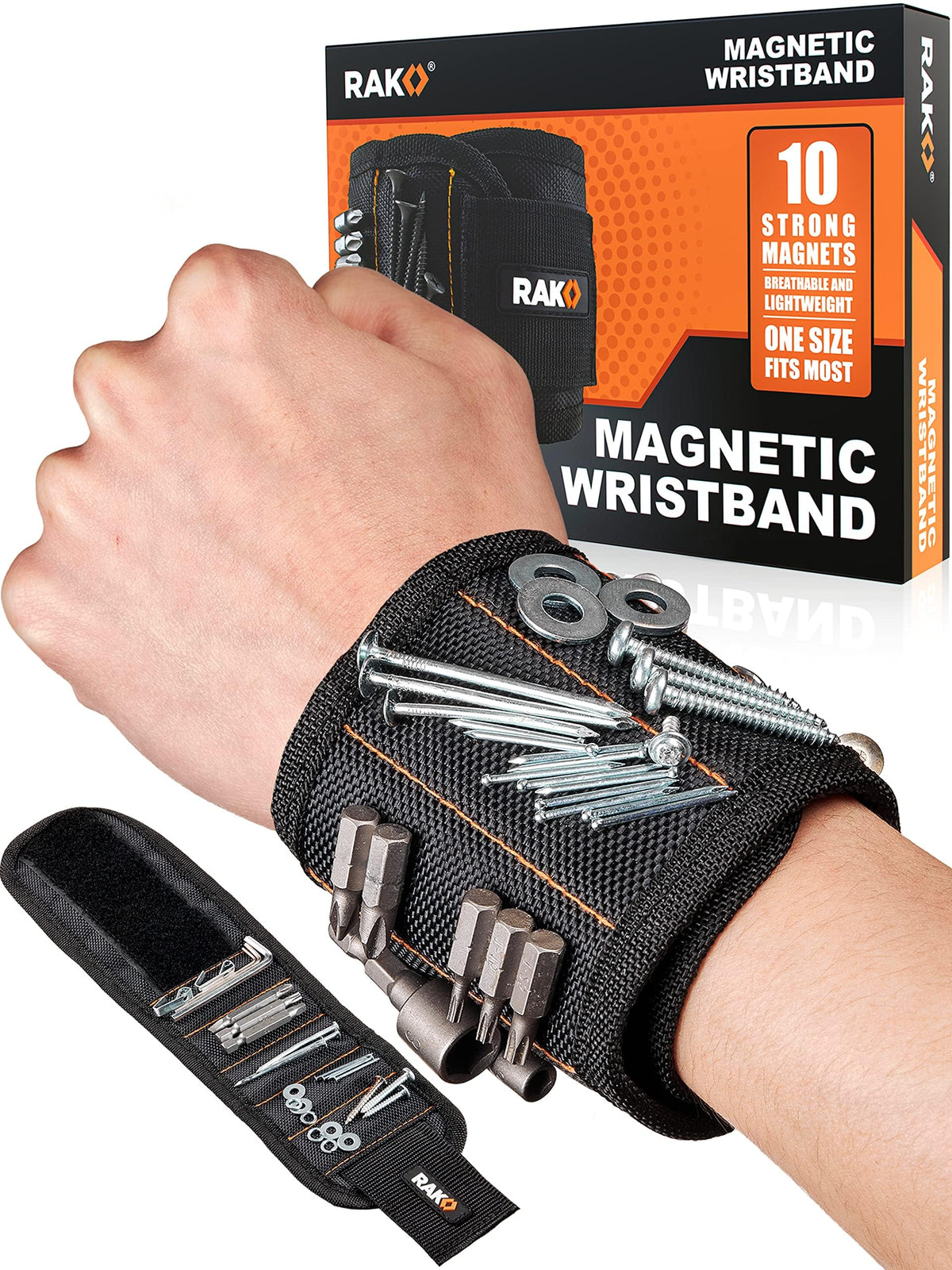 RAK Magnetic Wristband holds screws and nails for quick access.