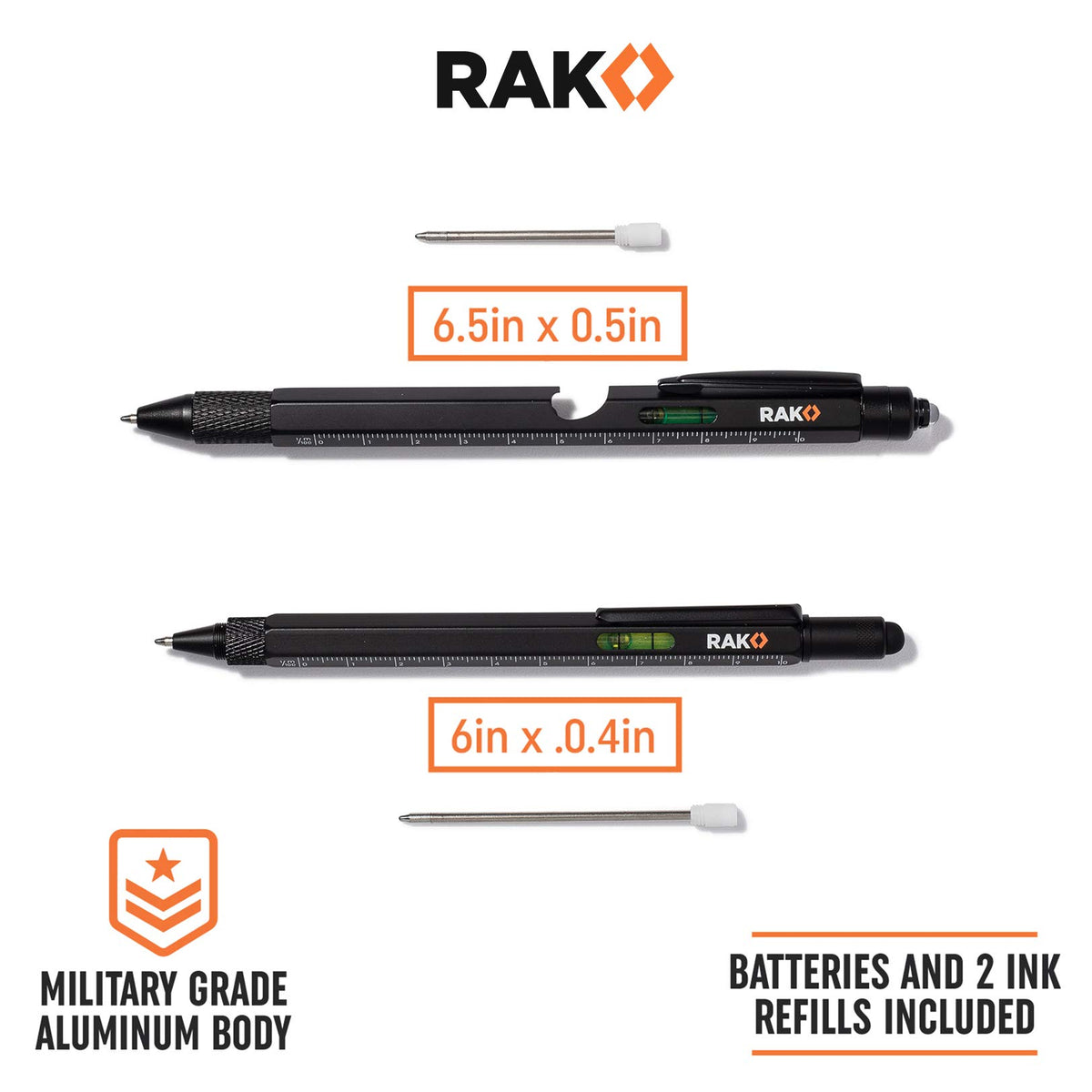 RAK Multitool Pen standard ruler edge shown beside aluminum body.
