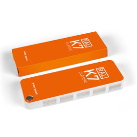 Five-colors-per-page layout on the RAL K7 chart enables quick on-site comparisons