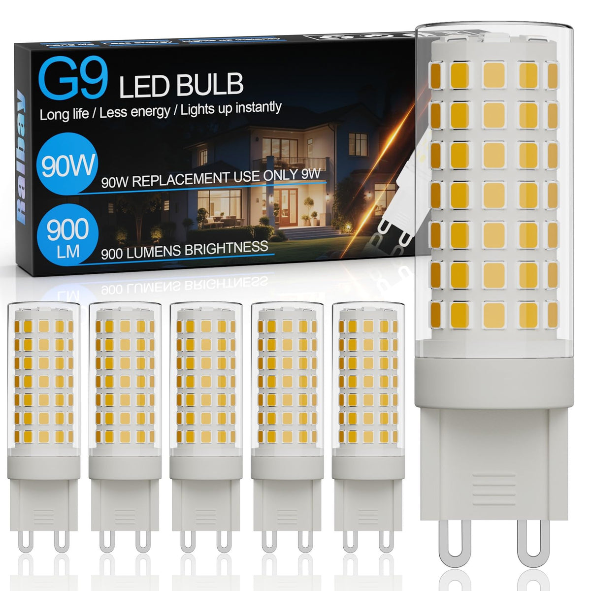 Ralbay 6-pack dimmable G9 LED bulbs, 9W, 4000K, natural white for cozy spaces.