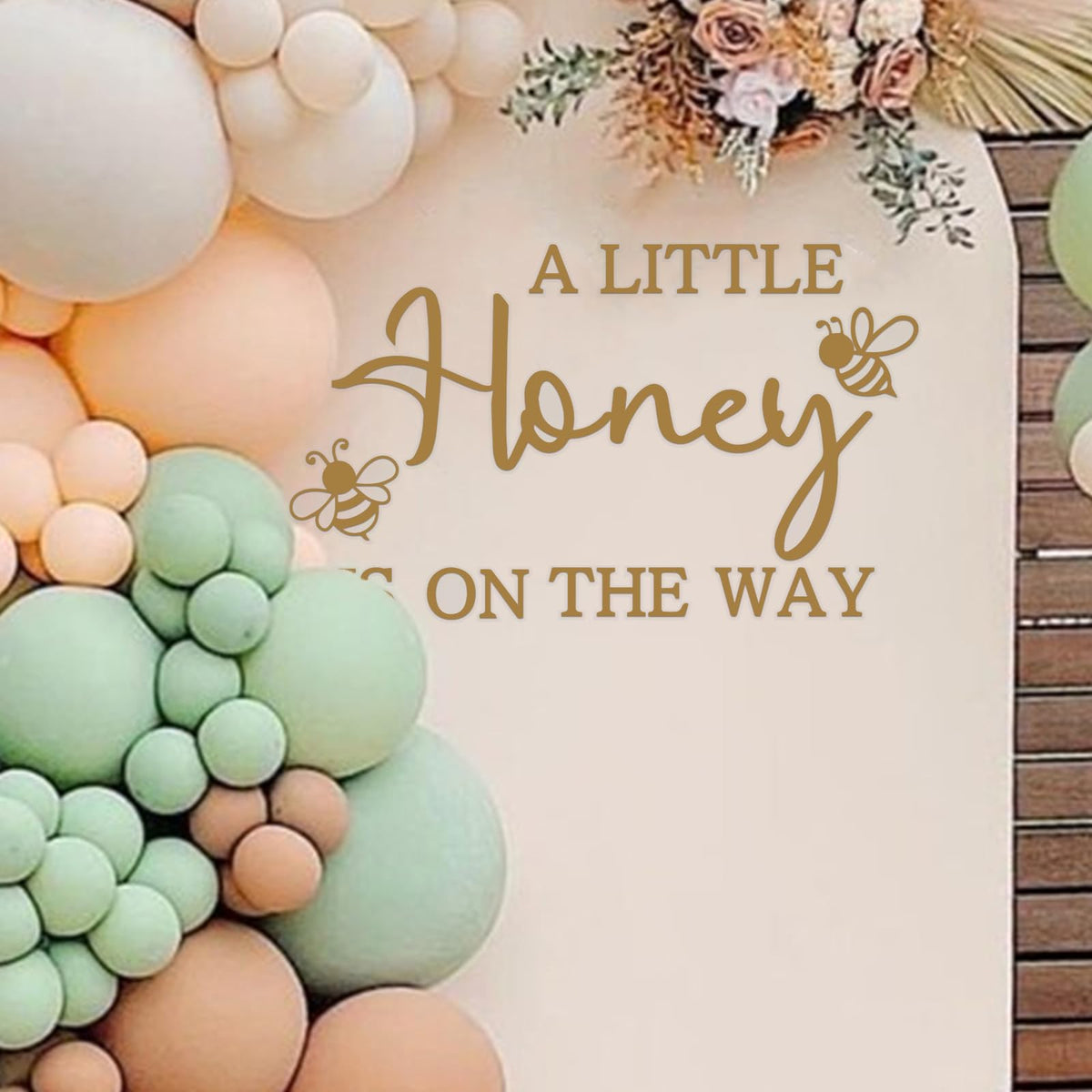 Ramciyo A Little Honey Is On The Way backdrop decal for bee-themed baby shower, perfect for photos.