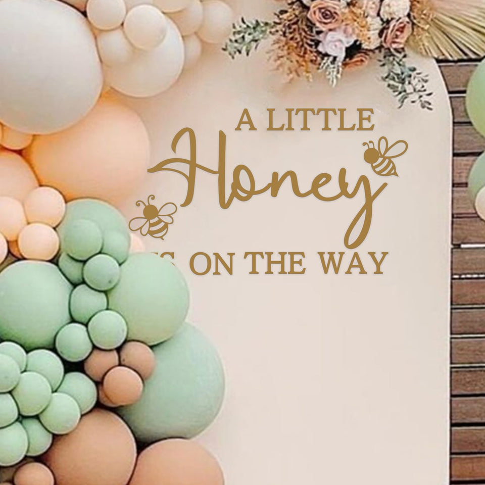 Ramciyo A Little Honey Is On The Way backdrop decal for bee-themed baby shower, perfect for photos.