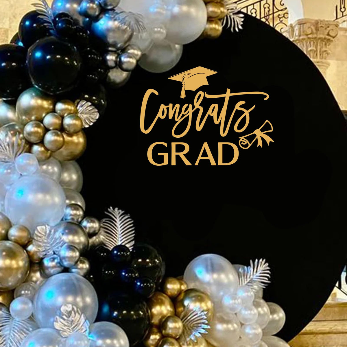 Ramciyo Congrats Grad sign with gold letters stands out against light backgrounds