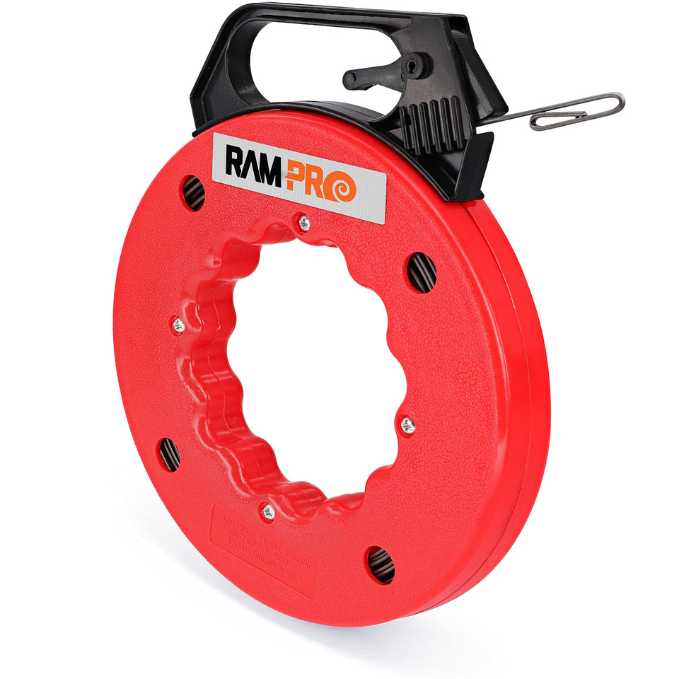 RamPro fish tape 50ft in durable housing aids easier wiring through walls.