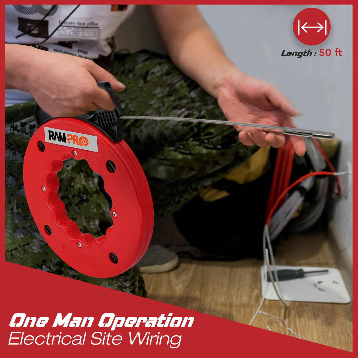 RamPro fish tape with double loop tip enables secure threading through tight pulls.