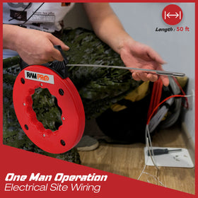 RamPro fish tape with double loop tip enables secure threading through tight pulls.