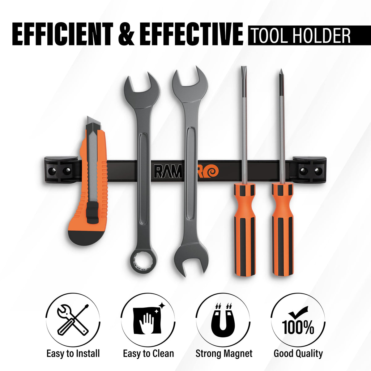 RamPro 12-inch tool strip in a garage keeps frequently used tools organized