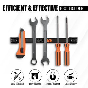 RamPro 12-inch tool strip in a garage keeps frequently used tools organized