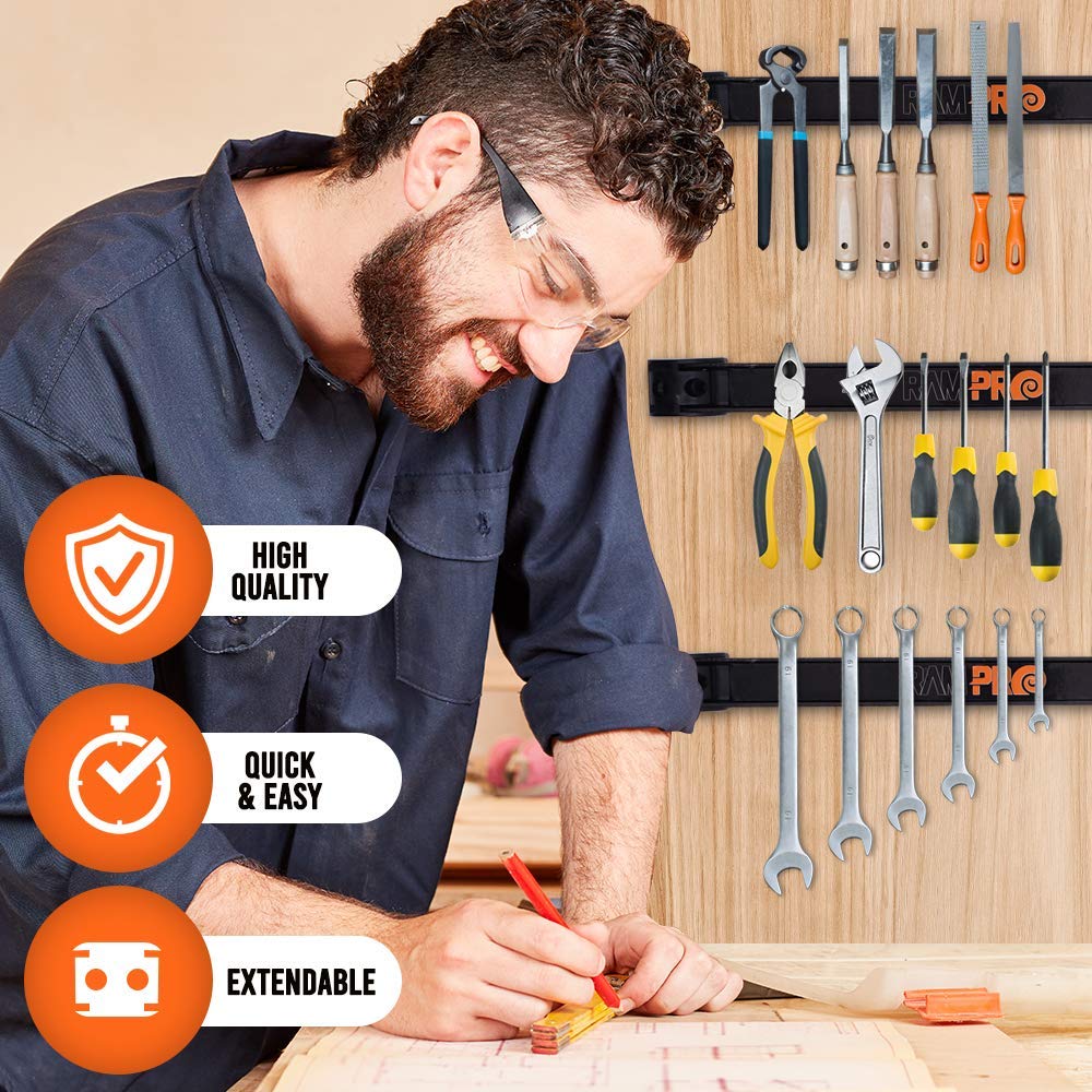 RamPro magnetic tool strip wall-mount closeup shows strong carbon steel construction