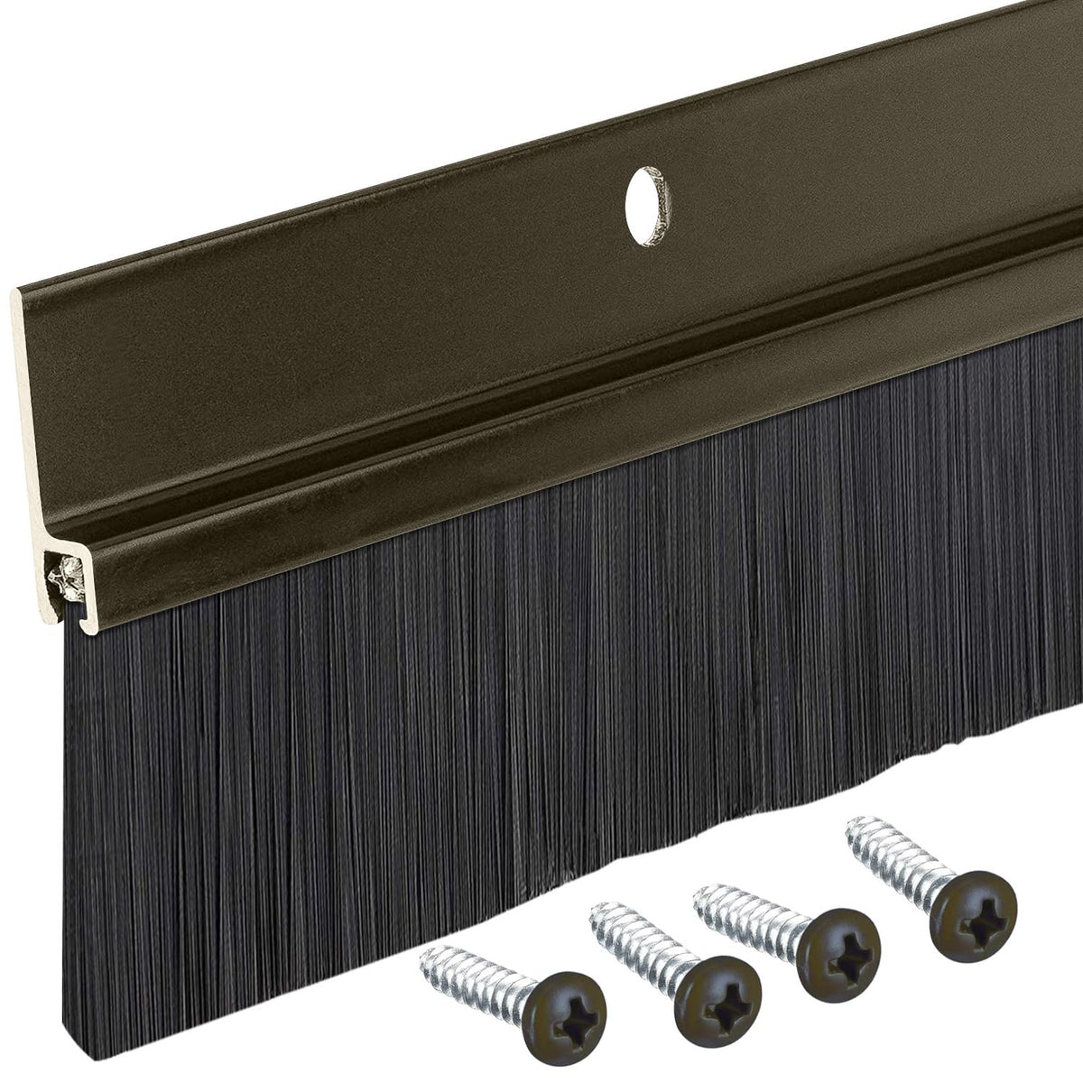 Randall Brown aluminum brush door sweep installed on exterior door seals large gaps and dust.