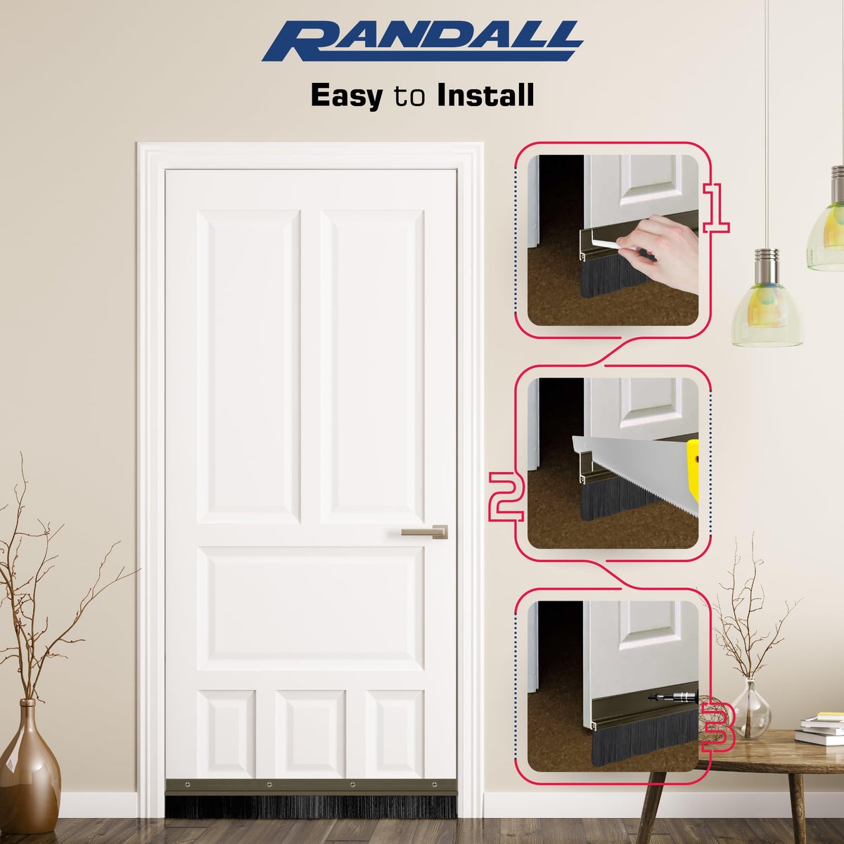 Randall brush door sweep seals gaps up to 1-1/2 inches for interior and exterior doors.