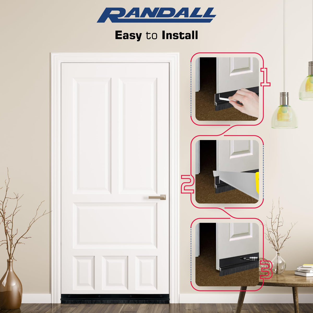Randall door sweep with pre-drilled holes and color-matched screws for easy install.