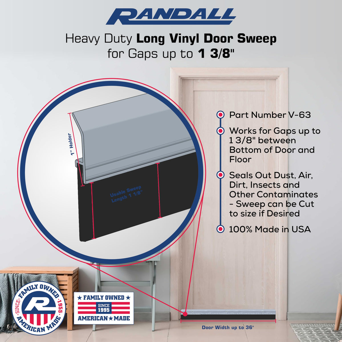 Randall V-63-GB door sweep side view highlighting thick rubber seal