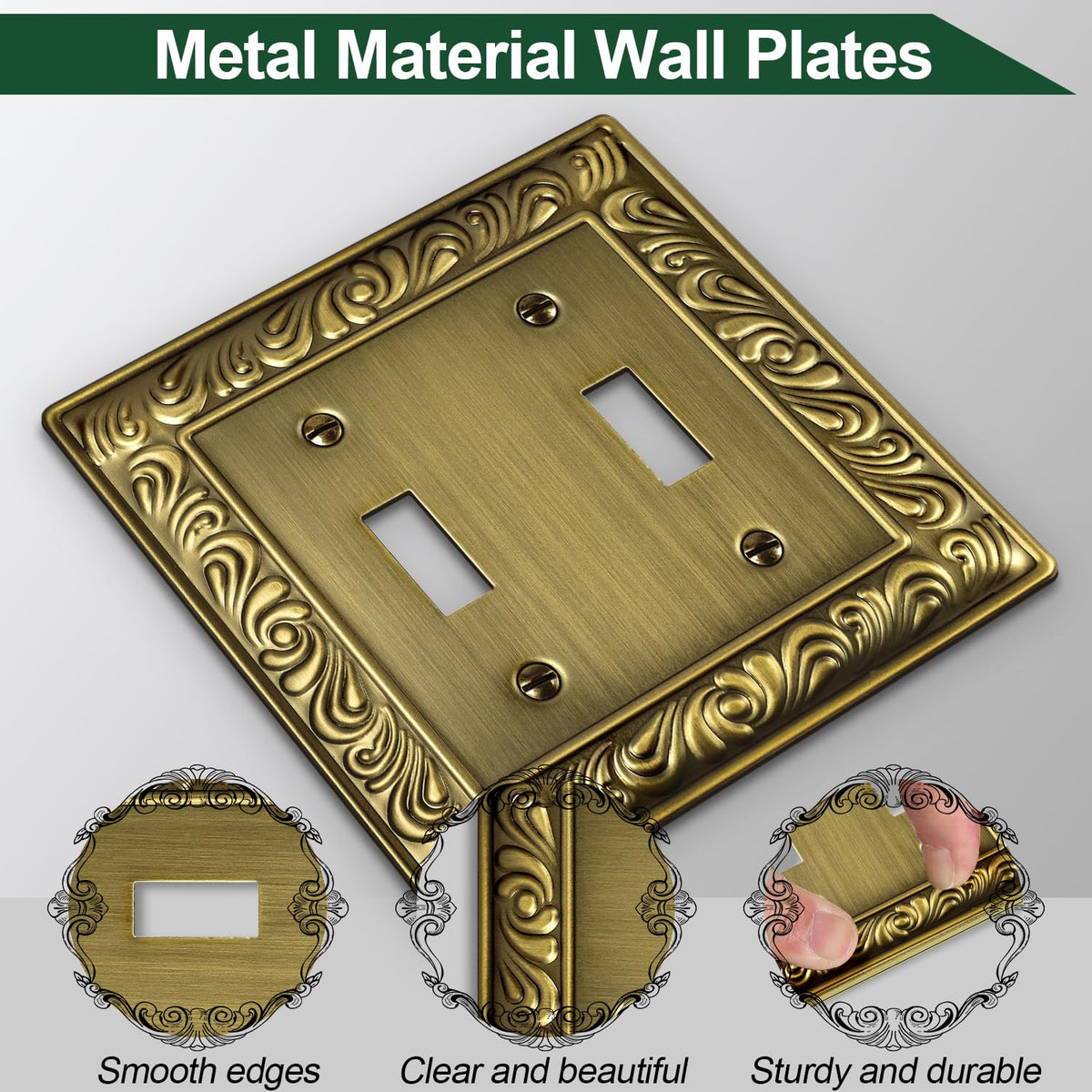Ranweydi antique brass wall plate 2-gang with double toggle, classic design.