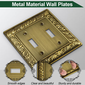 Ranweydi antique brass wall plate 2-gang with double toggle, classic design.