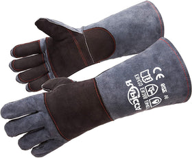 Rapicca fireplace gloves 16in front view offer rigorous forearm protection during fireside tasks.