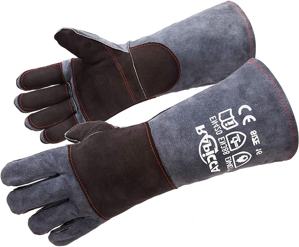 Rapicca fireplace gloves 16in front view offer rigorous forearm protection during fireside tasks.