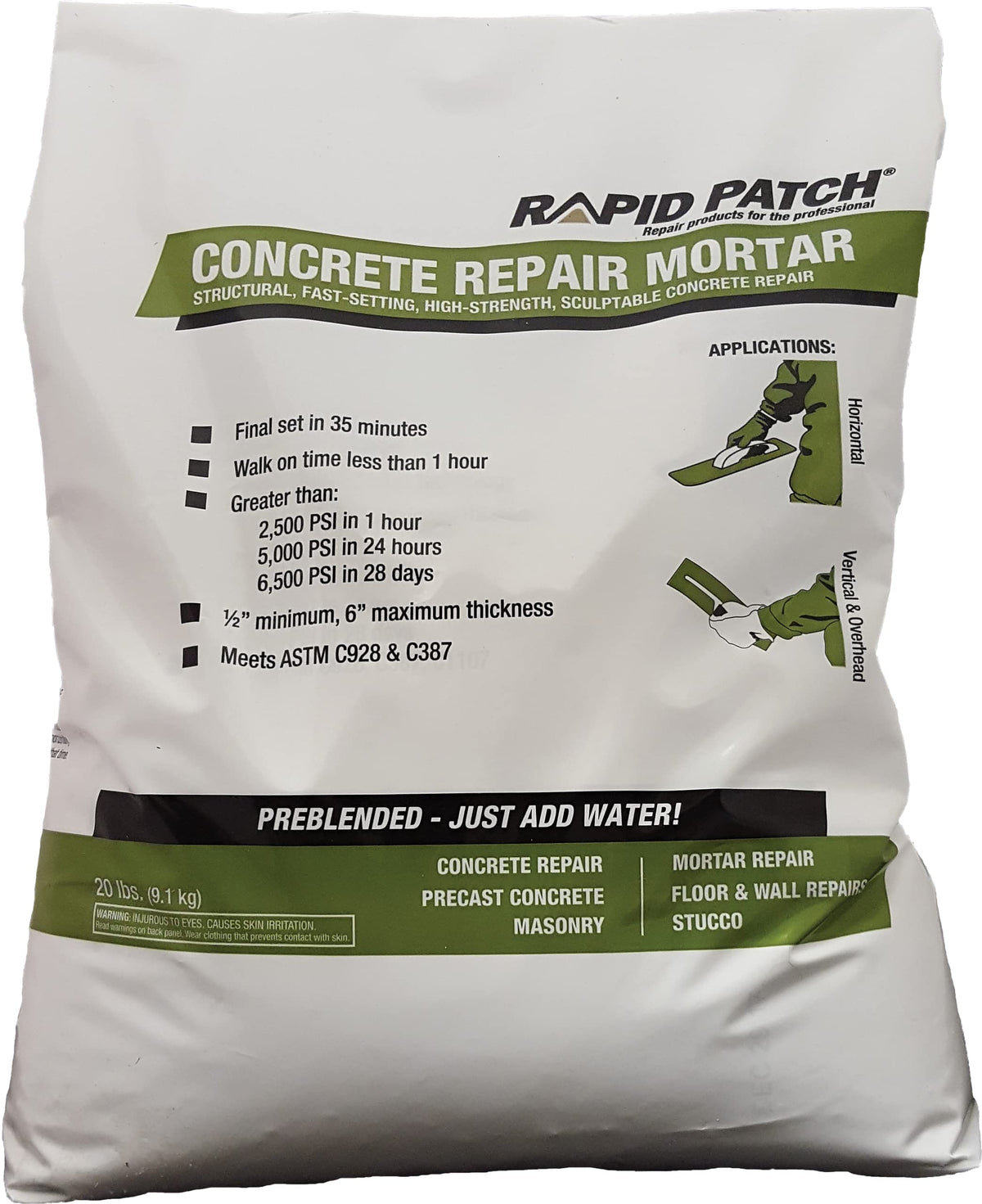 Rapid Patch concrete repair mortar bag front view for quick outdoor fixes.