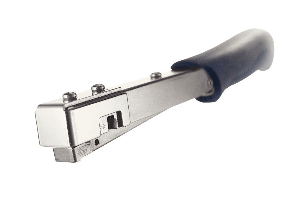 Rapid R19 hammer tacker side view highlighting ergonomic handle for comfortable use