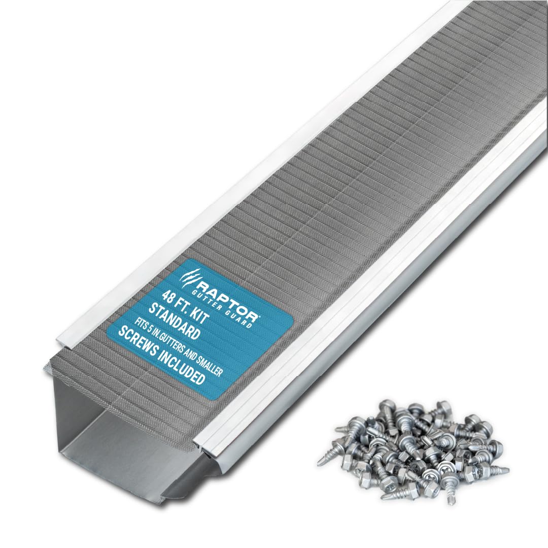 Raptor Gutter Guard 48ft kit with screws included protects gutters from debris and clogs.