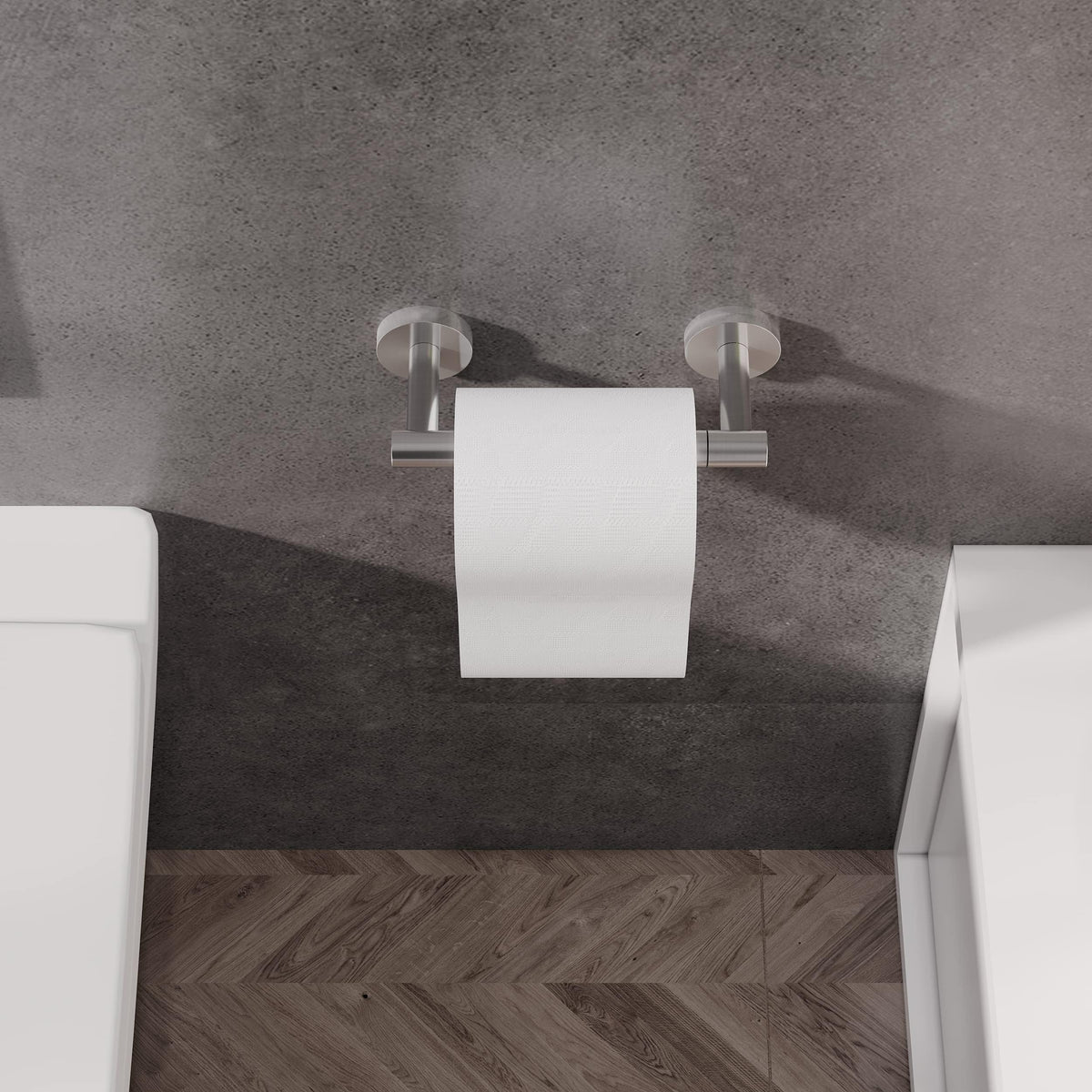 RARXTR brushed nickel toilet paper holder side view highlighting compact, space-saving profile.