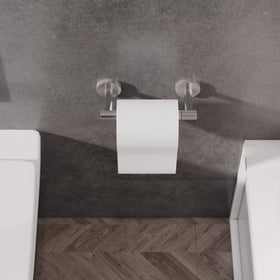 RARXTR brushed nickel toilet paper holder side view highlighting compact, space-saving profile.