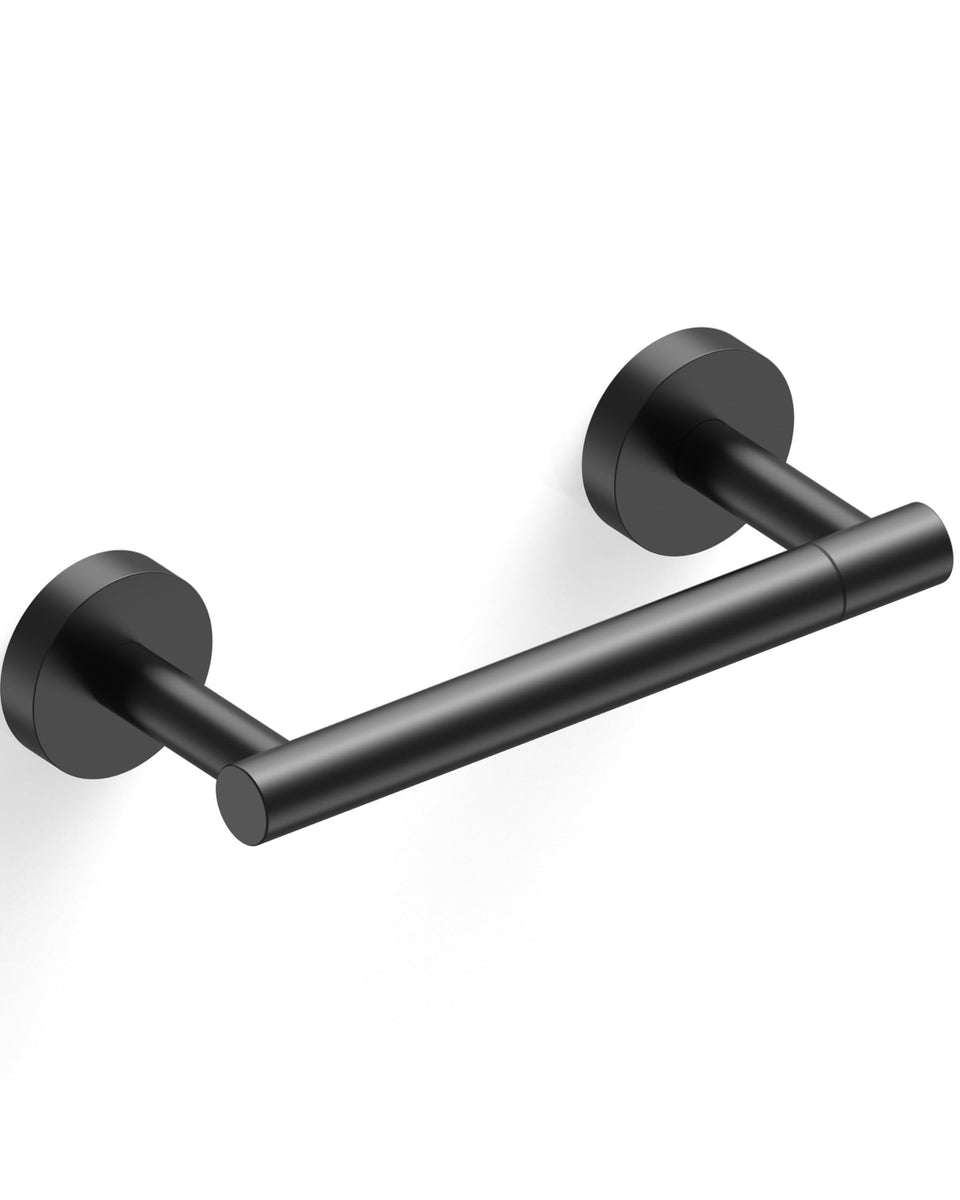 RARXTR matte black toilet paper holder front view shows a contemporary rustproof design.
