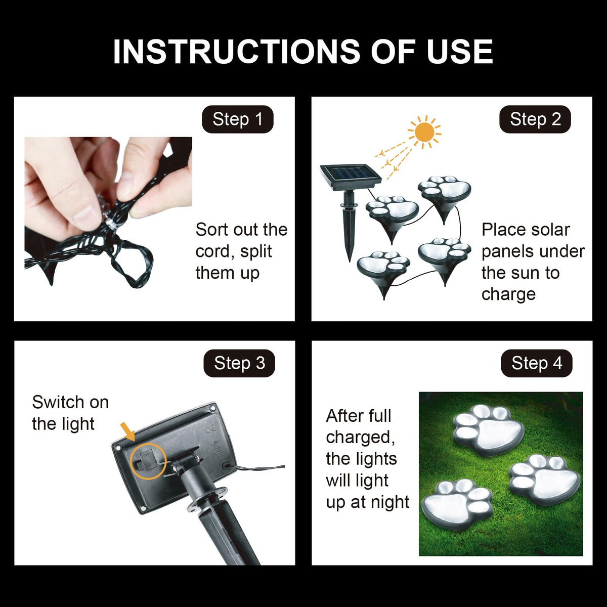 Ratopo paw lights glow at night to light pathways safely.