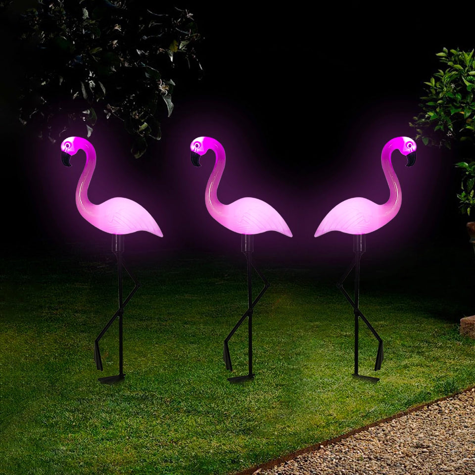 Ratopo solar flamingo light 3-pack brightens lawn for nighttime fun.